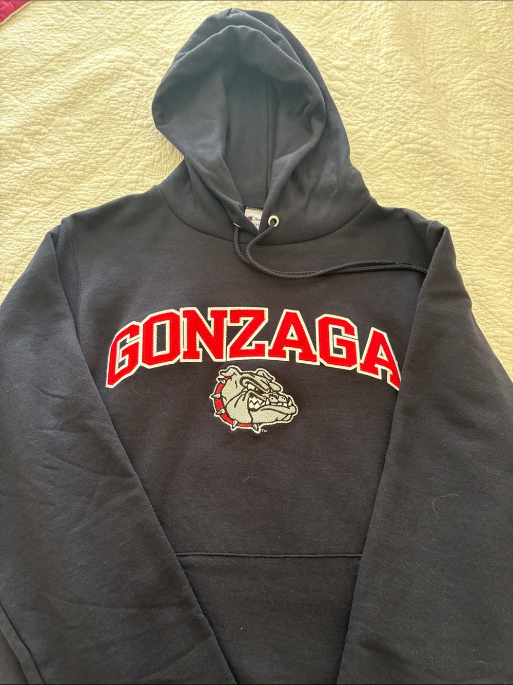 Champion Navy Gonzaga Hoodie with Red Lettering and Bulldog Patch